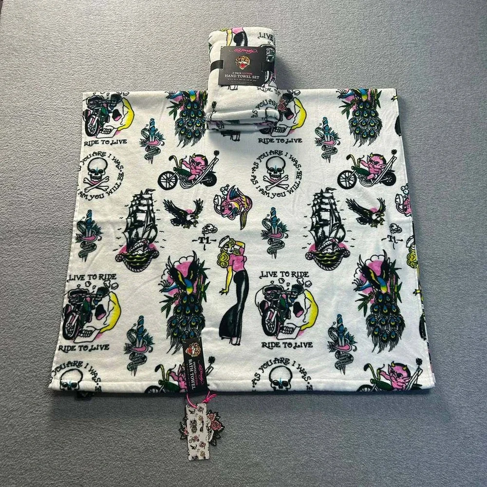 Ed Hardy NWT Bath Towel Set Hand Tattoo Skull Biker Y2K Cotton Tattoo Graphic
